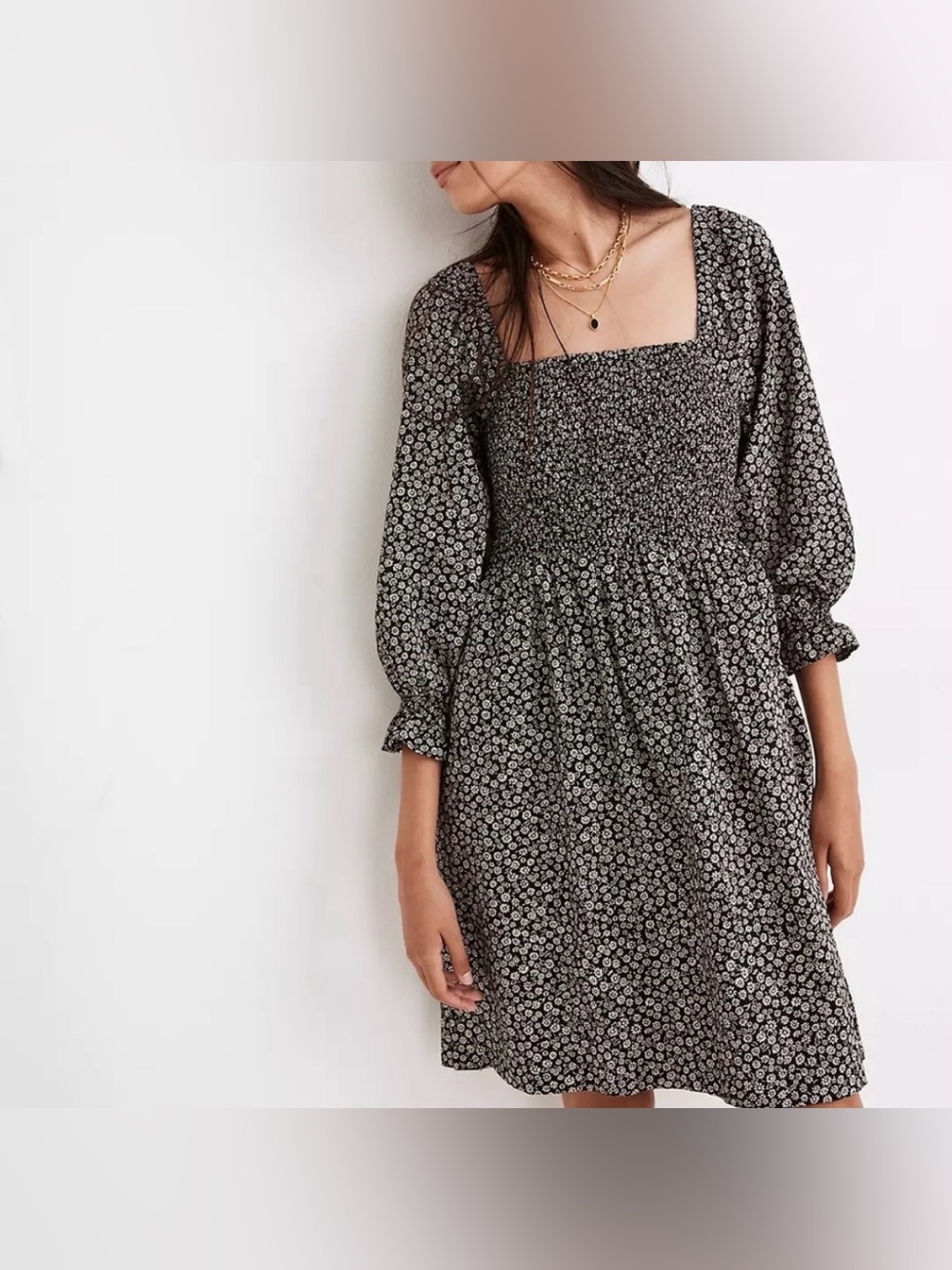 Madewell Lucie Elbow-Sleeve Smocked Mini Dress Parisian Ditsy Floral Size Small